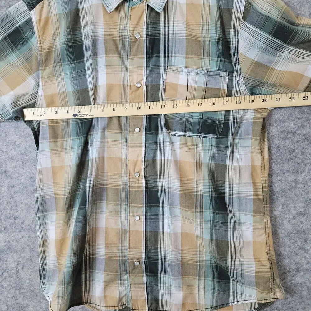 Levi's Green & Yellow Plaid‎ Pearl Snap Shirt Size Large Short Sleeves White Tab